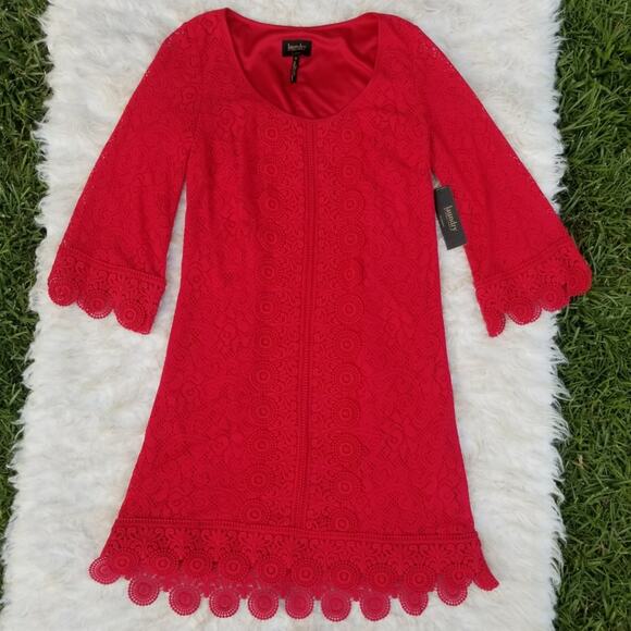 Red Lace Crochet Dress Laundry Shelli Segal Size 6 Scallop Edge Flare Sleeve NWT - Picture 9 of 9